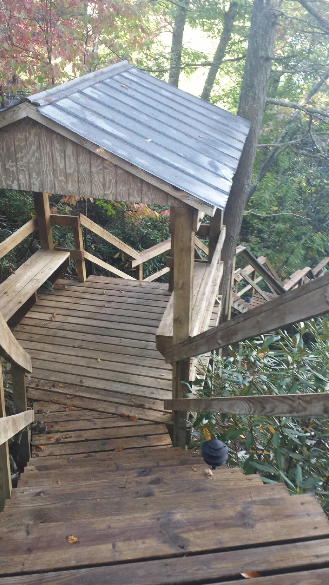 Metal roofed shelter over wooden steps on a wooded walkway — Skylight Repair & Installation work by our crew in Valles Mines